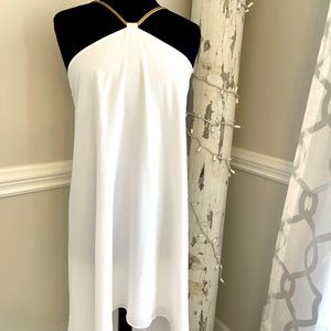 Express Goddess❤️‍🔥White High Low Gold Neck Glowy and Flowy Dress